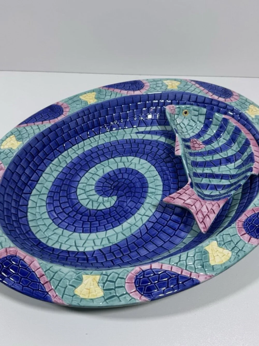 Vintage CLAY ART Kitschy MOSAIC Tile FISH PLATTER AND DIP SET BRIGHT COLORS 1995